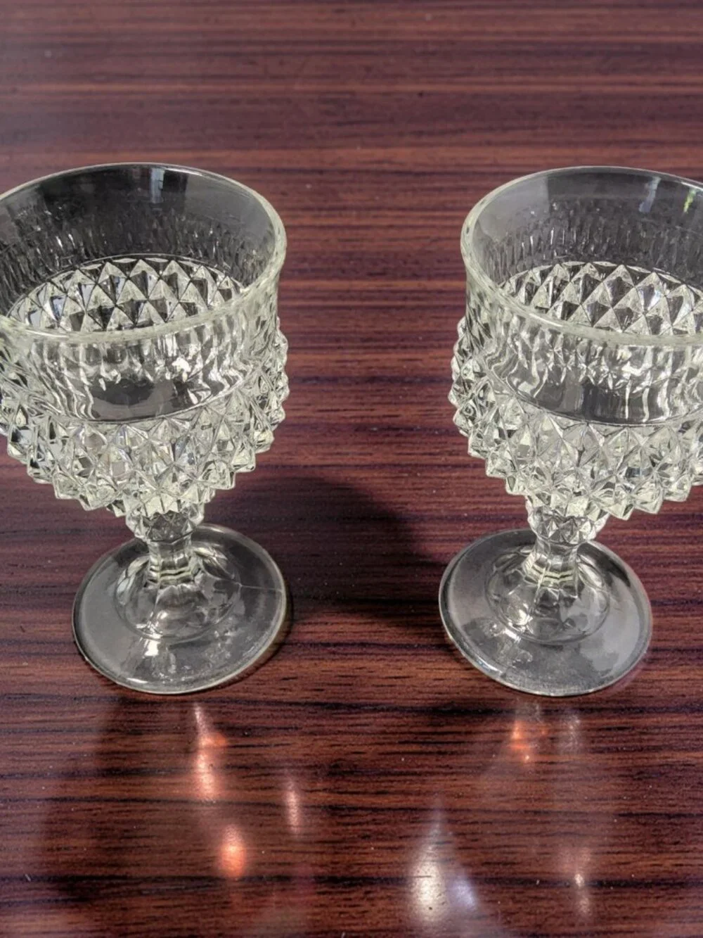 Vintage Set of 2 1960's Indiana Glass Diamond Point Clear Pedestal Wine Goblet.